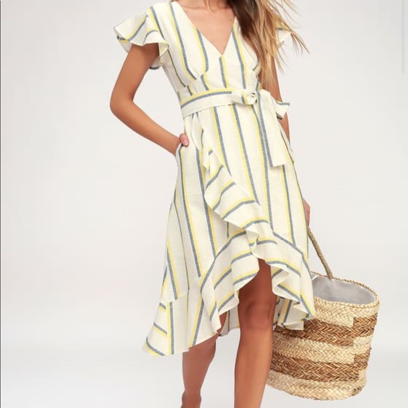 J.O.A. Dresses & Skirts - Coralie White and Yellow Striped Wrap Dress